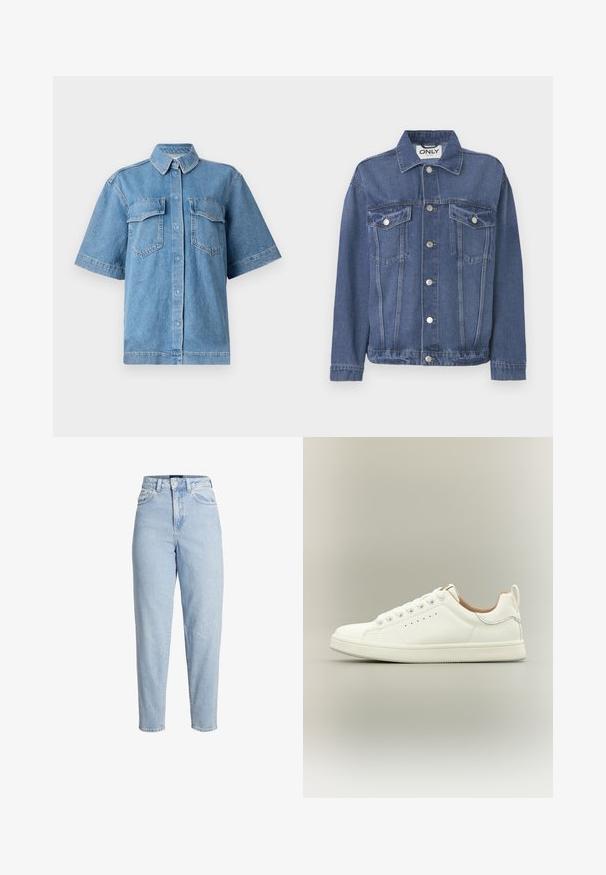 Jeansjacke in einem mittleren Blauton mit klassischem Design. Verfügt über zwei Brusttaschen, silberne Knöpfe und einen Kragen.; Blaue Denim-Hemd mit kurzen Ärmeln, einem Kragen, zwei Brusttaschen und Knopfverschluss. Bietet eine entspannte Passform und eine ausgewaschene Textur.; Hellblaue Denim-Jeans mit hohem Bund, vorne mit Knopf- und Reißverschluss, Gürtelschlaufen und zulaufenden Beinen.; Weißer Sneaker mit niedrigem Schaft, Schnürsenkeln, perforierten Seitendetails und einem Zuglasche an der Ferse, vor neutralem Hintergrund.