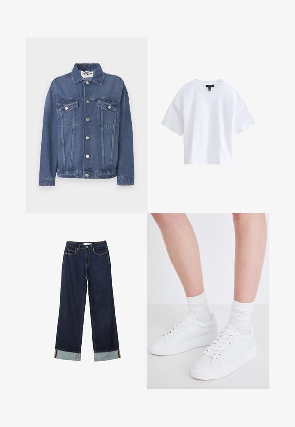 Denimjakke i en mellemblå nuance med et klassisk design. Har to brystlommer, sølvknapper og en krave.; Simpel hvid kortærmet crop top med rund halsudskæring og sort mærke indeni kraven.; Mørkeblå vide jeans med højt talje, med opfoldede vamsser, kontrastsyning og fem-lommers design. Lavet af denim stof.; Copenhagen Studios CPH72 - Sneakers - white
