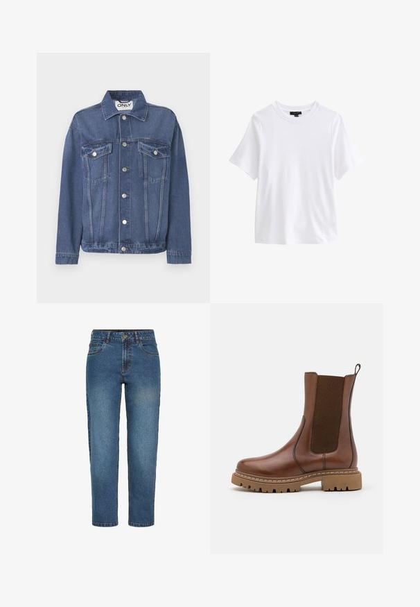 Denimjakke i en mellemblå nuance med et klassisk design. Har to brystlommer, sølvknapper og en krave.; Hvid t-shirt med korte ærmer og rund halsudskæring med en sort tøjetiket inde i kraven på hvid baggrund.; Blå højtaljede straight-leg denim jeans med frontknap og lynlås, to forlommer og bæltestropper.; Brune læder ankelstøvle med elastiske paneler og en trækflap. Har en kraftig gummisål og synlige stikninger langs kanterne.