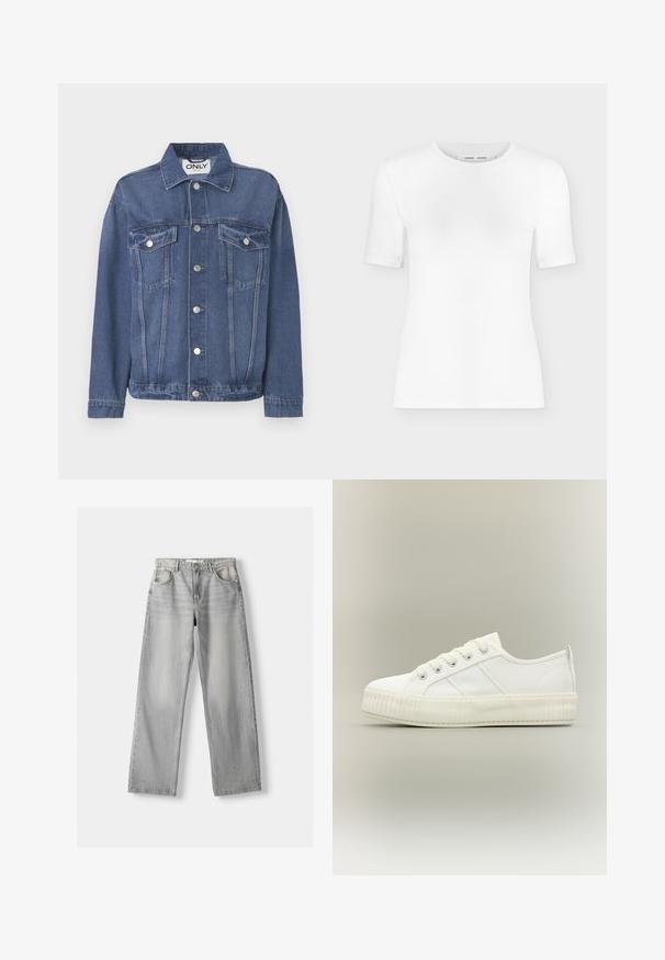 Veste en denim de couleur bleu moyen avec un design classique. Comprend deux poches sur la poitrine, des boutons en argent et un col.; T-shirt blanc à manches courtes avec col rond, coupe slim et texture de tissu côtelé, présenté sur un fond uni gris clair.; Jean en denim gris clair avec une coupe droite, dotée de deux poches avant, d'un bouton de fermeture et d'un léger délavage pour la texture.; Baskets basses blanches avec semelle épaisse côtelée, lacets à l'avant et languette à l'arrière sur fond neutre.