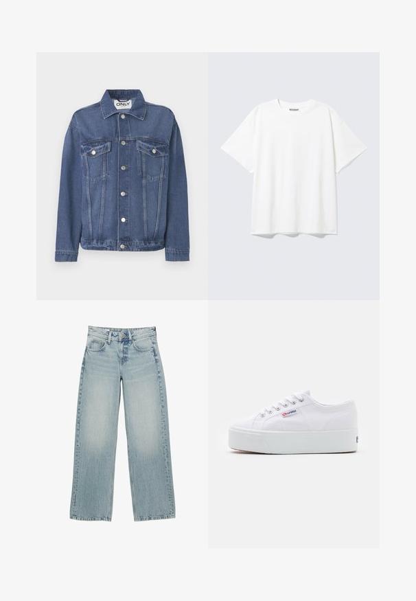 Veste en denim de couleur bleu moyen avec un design classique. Comprend deux poches sur la poitrine, des boutons en argent et un col.; T-shirt blanc à manches courtes, col rond, coupe décontractée et étiquette "WEEKDAY" à l’intérieur du dos du col.; Jeans en denim bleu clair à jambes larges avec une taille haute, dotés de cinq poches, d'une fermeture à boutons et d'un léger délavage pour un effet usé.; Baskets en toile blanches avec une épaisse semelle plateforme blanche, bout rond et œillets en métal pour les lacets. Logo de la marque affiché sur le côté.