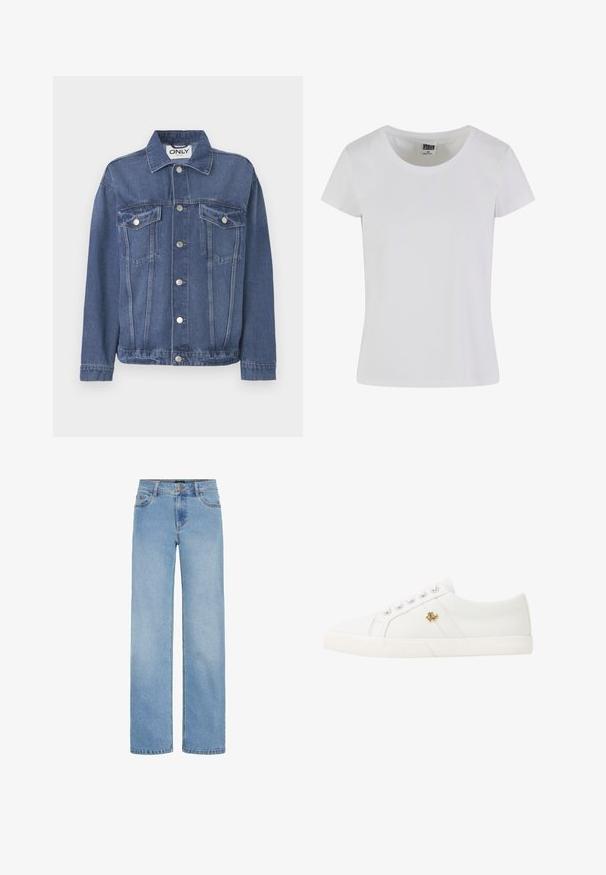 Denimjakke i en mellemblå nuance med et klassisk design. Har to brystlommer, sølvknapper og en krave.; Hvid, kortærmet t-shirt lavet af bomuld. Har en rund halsudskæring og en tætsiddende form. Lappen læser "URBAN CLASSICS."; Lys blå, vide jeans lavet af denim. Har en standard talje, forlommer og en lynlås med knaplukning.; Lauren Ralph Lauren JANSON II CANVAS SNEAKER - Sneakers - optic white