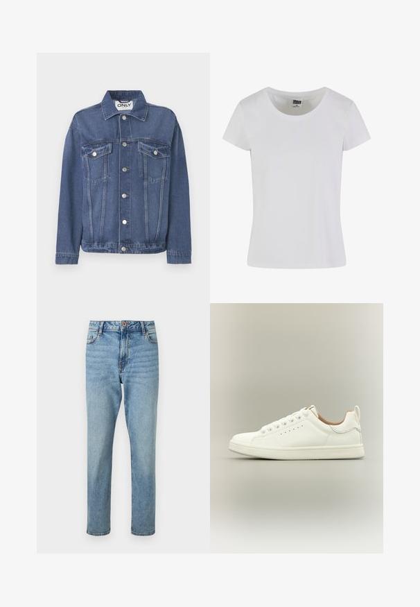 Veste en denim de couleur bleu moyen avec un design classique. Comprend deux poches sur la poitrine, des boutons en argent et un col.; T-shirt blanc à manches courtes en coton. Il présente une encolure arrondie et une coupe cintrée. L'étiquette indique "URBAN CLASSICS".; Jean bleu clair taille haute, coupe droite, avec fermeture par bouton et zip à l'avant, poches avant et détails subtilement délavés.; Baskets blanches basses avec lacets, détails perforés sur les côtés et languette au talon, sur fond neutre.