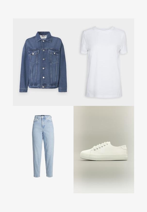 Veste en denim de couleur bleu moyen avec un design classique. Comprend deux poches sur la poitrine, des boutons en argent et un col.; T-shirt blanc uni à manches courtes, col rond, coupe régulière, avec une petite étiquette à l’intérieur du col indiquant "SELECTED FEMME."; Jean en denim bleu clair taille haute avec fermeture à boutons et zip à l'avant, passants pour ceinture et jambes fuselées.; Baskets basses blanches avec lacets blancs et semelle en caoutchouc, vues de côté sur un fond neutre.