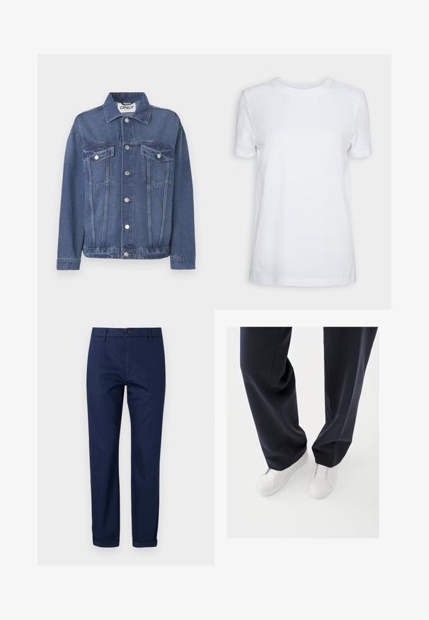 Jeansjacke in einem mittleren Blauton mit klassischem Design. Verfügt über zwei Brusttaschen, silberne Knöpfe und einen Kragen.; Schlichtes weißes T-Shirt mit kurzen Ärmeln und Rundhalsausschnitt, normaler Passform und einem kleinen Innenhalsetikett mit der Aufschrift „SELECTED FEMME.“; Marineblaue Baumwollchinos mit flachem Frontschnitt, Metallknopfverschluss, Seitentaschen und aufgeschlagenen Säumen. Glatte Textur und taillierte Passform.; Weiße Sneakers mit strukturierten Gummisohlen und flachen Schnürsenkeln, kombiniert mit dunkeln, marineblauen Hosen aus lockerem, glattem Stoff und maßgeschneiderter Passform.