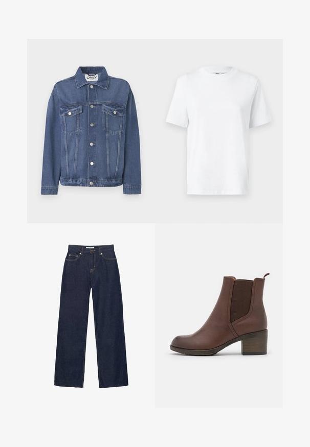 Veste en denim de couleur bleu moyen avec un design classique. Comprend deux poches sur la poitrine, des boutons en argent et un col.; T-shirt en coton blanc à col rond, avec des manches courtes et une texture lisse. Conçu avec une coupe décontractée pour plus de confort et de polyvalence.; Jean droit en denim bleu foncé avec fermeture par bouton et fermeture éclair, cinq poches et surpiqûres contrastantes visibles.; Bottine en cuir marron, avec une finition lisse, des panneaux latéraux élastiques, un bout arrondi et un talon en bois modéré.