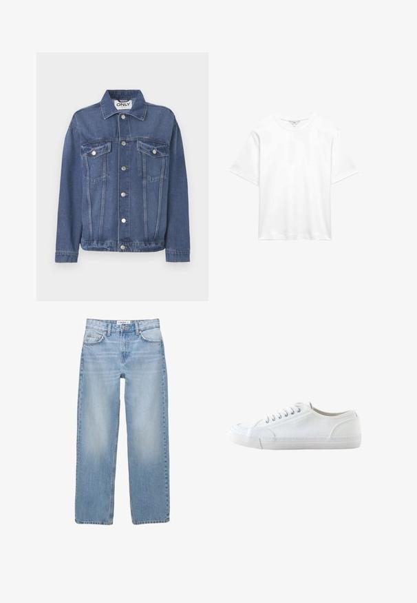 Denimjakke i en mellemblå nuance med et klassisk design. Har to brystlommer, sølvknapper og en krave.; Simpel hvid kortærmet bomulds-T-shirt med rund hals, vist fladt mod hvid baggrund.; Lyseblå denimbukser med lige ben, fem-pockets stil og synlige syninger. Stofmaterialet har en blød, let falmet tekstur.; Hvid lavtop lærredsneaker med hvide snørebånd og gummisål, vist fra siden på en hvid baggrund.