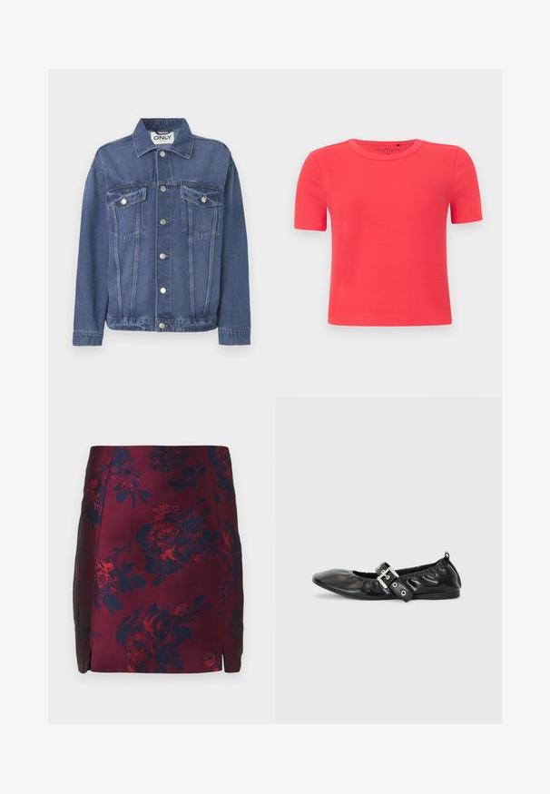 Veste en denim de couleur bleu moyen avec un design classique. Comprend deux poches sur la poitrine, des boutons en argent et un col.; T-shirt à manches courtes en tissu côtelé doux de couleur corail vif. Doté d'un col rond et d'une silhouette ajustée.; Jupe à motif floral bourgogne avec des accents bleu marine, fabriquée en tissu lisse. Présente des fentes latérales et un motif floral texturé sur l'ensemble.; Chaussure plate en cuir noir avec un nez pointu, des détails froncés autour de l'ouverture et un accent en boucle argentée sur la bride ajustable.