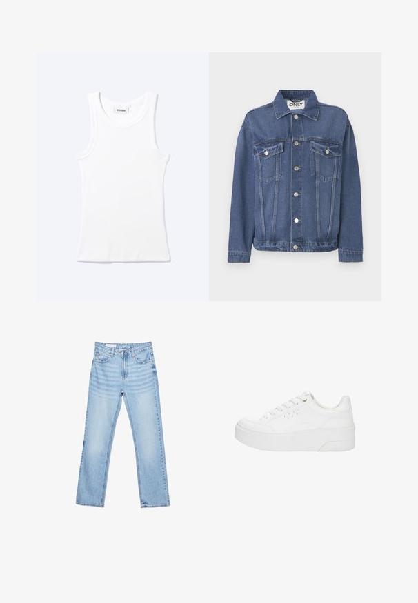 Veste en denim de couleur bleu moyen avec un design classique. Comprend deux poches sur la poitrine, des boutons en argent et un col.; Débardeur blanc côtelé sans manches avec encolure ronde et une petite étiquette indiquant "WEEKDAY" à l'intérieur du col.; Jean en denim bleu clair à jambes droites avec poches avant, passants de ceinture et fermeture par bouton et zip, présenté à plat sur fond blanc.; Baskets à plateforme blanches avec lacets à l'avant, détails perforés sur le côté et semelle épaisse, vues de profil extérieur sur un fond blanc.