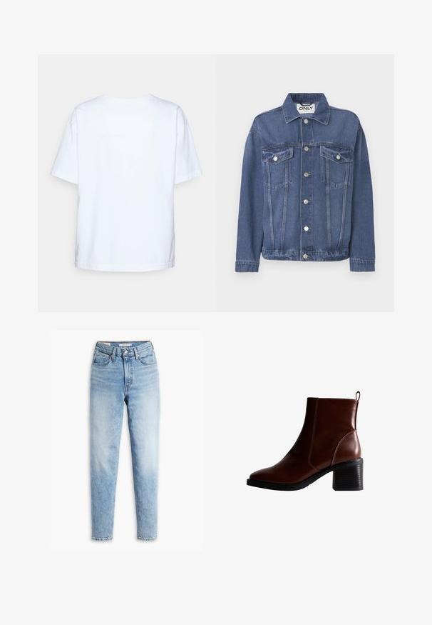 Denimjakke i en mellemblå nuance med et klassisk design. Har to brystlommer, sølvknapper og en krave.; Enkelt hvid kortærmet bomulds t-shirt vist bagfra mod en lys grå baggrund.; Lyseblå denimjeans med høj talje, lige ben, falmede detaljer fra øvre lår til ankel og klassisk fem-lomme stil.; Brun læder ankelstøvle med firkantet tå og sidesøm, en 7,5 cm stablet hæl og en trækflap bagpå for nem påtagning.