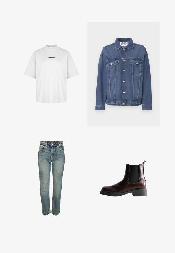 Denimjakke i en mellemblå nuance med et klassisk design. Har to brystlommer, sølvknapper og en krave.; Hvid bomulds t-shirt med høj rund hals og korte ærmer. Har "PEGADOR" trykt i sort centralt på brystet.; Lysblå denimjeans med lige ben, mellem høj talje, fem-lomme design og kontrasterende syninger. Har en klassisk knaplukning.; Brune læder ankelstøvle med elastiske sidepaneler, rund tå og en struktureret sort gummisål. Har kontrasterende syninger og en trækflap.