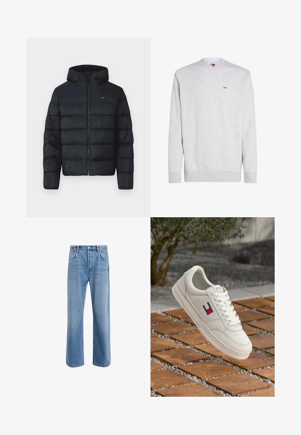 Schwarze Daunenjacke mit Kapuze, mit gesteppten Abschnitten, durchgehendem Reißverschluss und kleinem Logo oben links. Weicher, strukturierter Stoff.; Grauer Pullover aus einem Baumwollmix, mit rundem Halsausschnitt, gerippten Bündchen und Saum sowie einem kleinen Markenlogo auf der Brust.; Helle blaue Jeans im Geradeschnitt-Design, mit fünf Taschen, Knopfverschluss, minimaler Ausbleichung und kontrastierenden Nähdetails.; Weißer Ledersneaker mit flacher Sohle, versehen mit einem kleinen Logo in Rot, Weiß und Blau. Schlichtes Design mit rundem Zehenbereich und schnürbarem Vorderteil.
