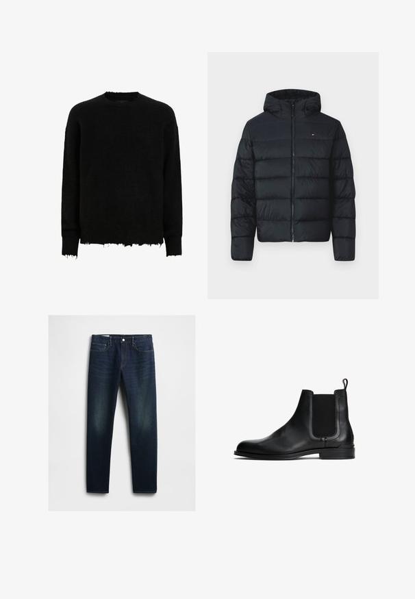 Sort dunjakke med hætte, der har kviltede sektioner, fuld lynlås foran og et lille logo øverst til venstre. Blødt, tekstureret stof.; Sort langærmet crewneck sweater med frynsede kanter på ærmer og nederste kant, lavet af et fuzzy strikket stof.; Mørkeblå denim jeans med lige snit, der har fem lommer, knaplukning og diskret slid på lårene. Klassisk syning.; Sorte læder Chelsea-støvler med elastiske sidelapper, rund tå, flad sål og en hæk til nem påtagning. Glat tekstur.