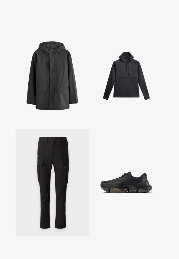 Chaqueta impermeable negra con capucha, con solapa frontal que cubre la cremallera y dos grandes bolsillos delanteros.; Sudadera negra con capucha, con cierre de un cuarto en la parte delantera, mangas raglán y bolsillo de pecho con cremallera; textura suave y diseño atlético.; Pantalones cargo negros con múltiples bolsillos, bolsillo lateral con cremallera y costuras reforzadas, con un diseño de pierna recta y tejido duradero.; Zapatilla deportiva negra con suela texturizada, parte superior de cuero y gamuza, cuello acolchado y cierre con cordones, mostrada en perfil lateral.