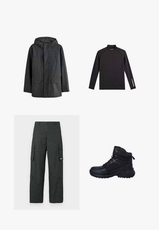 Zwarte waterdichte jas met capuchon, met een voorflap die de ritssluiting bedekt en twee grote voorzakken.; Zwart sporttopje met lange mouwen, opstaande kraag, slim fit en witte "J.Lindeberg"-logo op linkerarm en kraag.; Zwarte cargo broek met rechte pijpen, zijflapzakken, knoopsluiting, riemlussen en een klein wit logo op de flap van de rechterzak.; Zwarte tactische laarzen met een gladde synthetische bovenkant, verstevigde meshpanelen, een hoge schoenklauw en een robuuste rubberen zool voor grip.