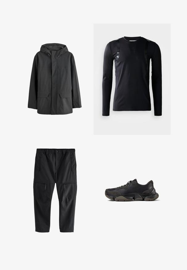 Zwarte waterdichte jas met capuchon, met een voorflap die de ritssluiting bedekt en twee grote voorzakken.; Zwarte lange-mouwen sportshirt gemaakt van glad, rekbaar materiaal. Kenmerkt zich door glanzende zwarte accenten op de schouders en een Adidas-logo op de borst.; Zwarte cargobroek met elastische tailleband, knoopsluiting en vier zakken met rits, afgebeeld op een witte achtergrond.; Zwarte sportieve sneaker met een gestructureerde zool, leren en suède bovenwerk, gevoerde kraag en vetersluiting, getoond in zijprofiel.
