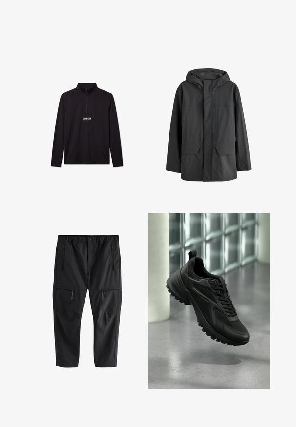 Sort vandtæt hættejakke med frontklap, der dækker lynlåsen, og to store forlommer.; Sort Calvin Klein pullover med lange ærmer, kvart lynlås og hvidt logo trykt på brystet.; Sorte cargobukser med elastisk talje, knaplukning og fire lynlåslommer, vist på hvid baggrund.; Sort atletiksneaker med tekstureret sål og snørebånd, svævende over en grå gulv med væg af glasblokke i baggrunden.