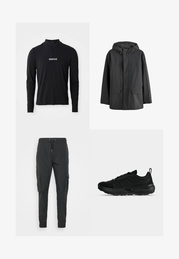 Zwarte waterdichte jas met capuchon, met een voorflap die de ritssluiting bedekt en twee grote voorzakken.; Zwarte langemouwen top met hoge kraag, voorzien van een kwart ritssluiting en het witte "CALVIN KLEIN" logo aan de voorkant. Soepele, elastische stof.; Zwarte cargobroek van lichtgewicht stof, met een verstelbare trekkoord taille, elastische manchetten en twee zijzakken.; Zwarte atletische sneaker met mesh en synthetische bovenkant, vetersluiting, gevoerde kraag en dikke rubberen zool, zijaanzicht.