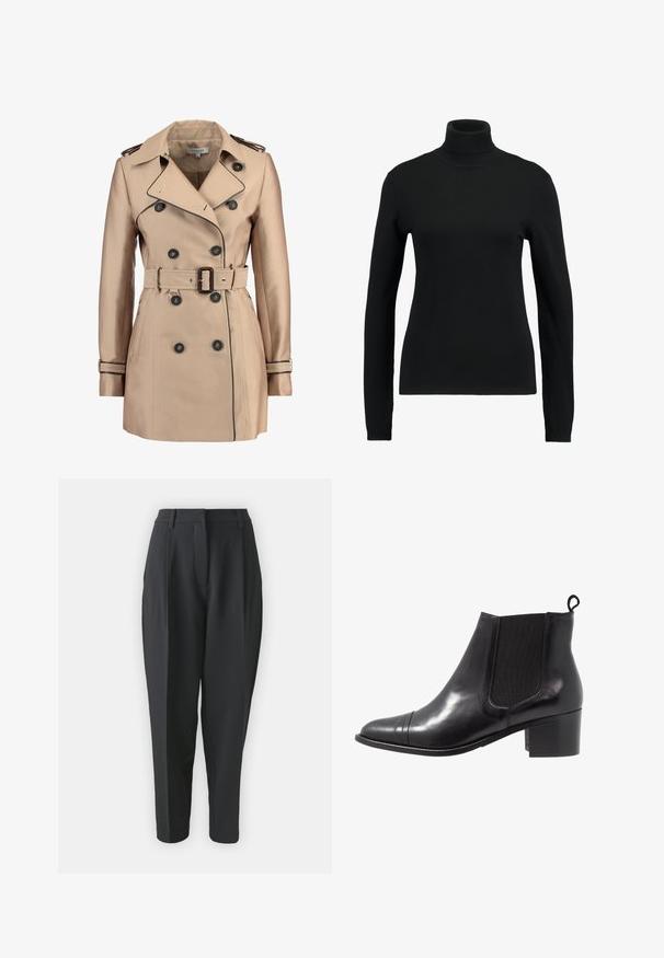 Beige trenchcoat med dobbeltbrystet design, sorte knapper og belted talje. Har skulderepauletter og kontrastfarvede pipingdetaljer.; Sort turtle-neck sweater lavet af glat strikstof. Har lange ærmer og en tætsiddende pasform, med ribbet hals og kantdetaljer.; Sorte skræddersyede bukser med høj talje, plisseringer og indsnævret ben. Glat stof uden synlige mønstre eller udsmykninger.; Sorte læder ankelstøvler med elastiske sidepaneler, rund tå og tekstureret blokhæl. Har en løkke til at trække i bagpå for nem påtagning.