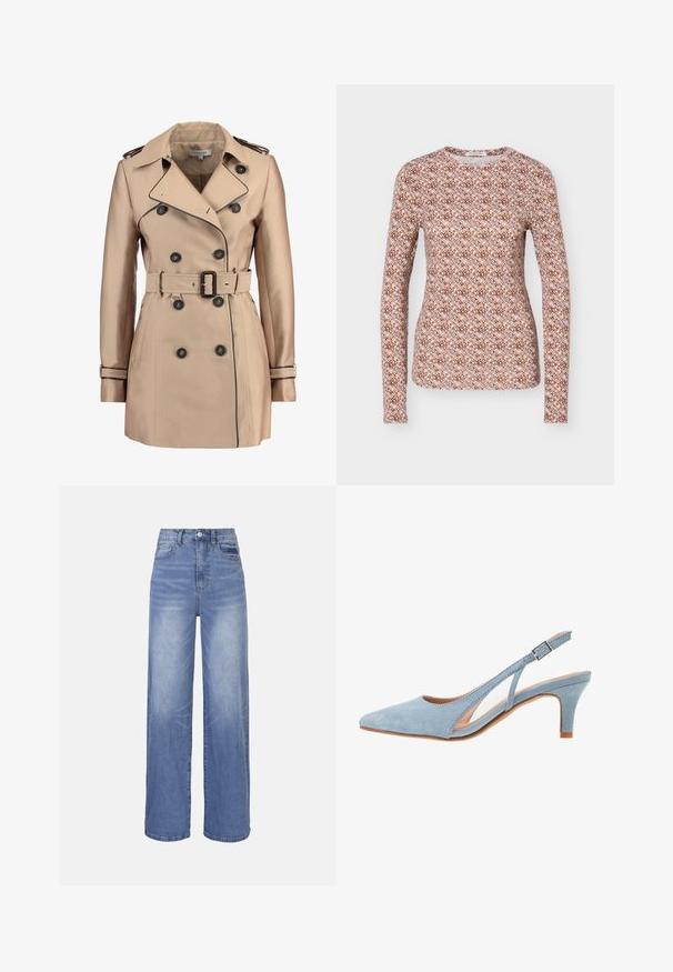 Beige Trenchcoat mit doppelreihigem Design, schwarzen Knöpfen und einem taillierten Gürtel. Mit Schulterklappen und kontrastierenden Paspelierungsdetails.; Langärmliges figurbetontes Top mit rundem Ausschnitt, mit einem sich wiederholenden geometrischen Muster in Braun-, Pink- und Hellblautönen.; Hellblaue, weite Jeans aus Denim mit hoher Taille, Knopfverschluss und Vordertaschen. Verfügt über einen ausgewaschenen Look und dezente Waschungen.; Himmelblauer Suede Slingback-Absatzschuh, spitze Zehenform, verstellbarer Knöchelriemen mit metallischer Schnalle, natürliche beige Innensohle und niedriger Absatz.