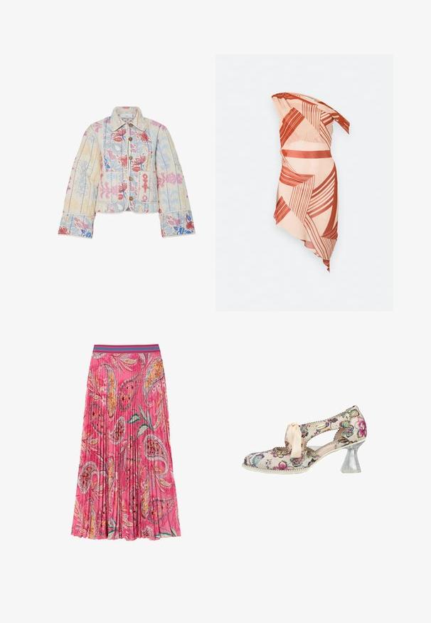 Quiltet jakke i lys creme med blomster mønstre i pink, blå og grøn. Har krave og knaplukning.; Stropfri mini kjole med asymmetrisk kant, med en lys ferskenbund og rustfarvede abstrakte geometriske striber.; Lyserød plisseret nederdel med blomster- og paisleymønstre, med en kontrasterende turkise stribet talje. Lavet af letvægtsstof.; Mary Jane-sko med blomsterprint, en gennemsigtig kraftig hæl og et lyserødt bånd, der bindes over vristen.