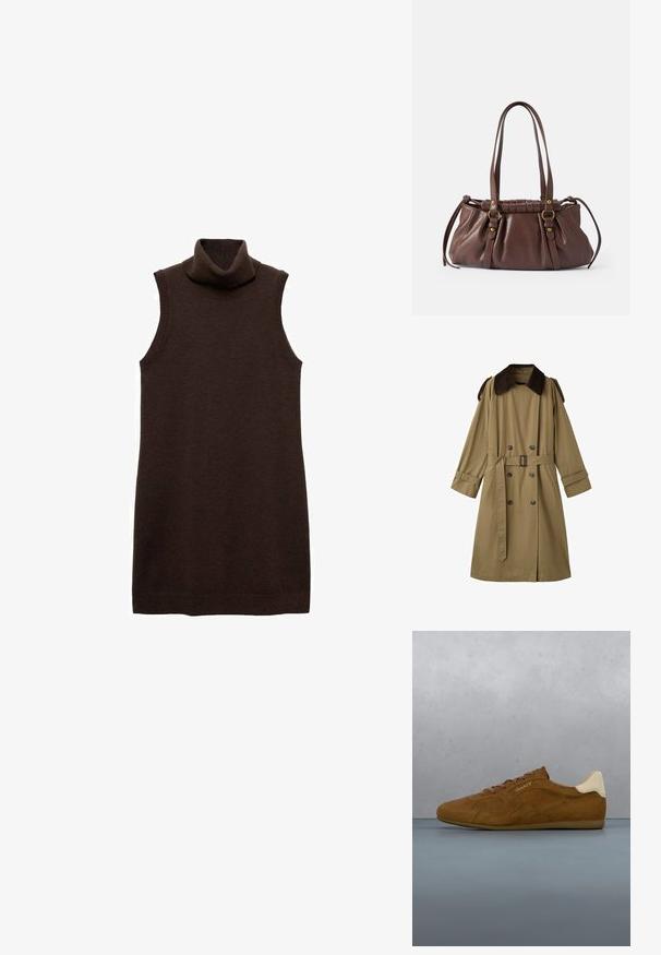 Khaki trenchcoat med en mørkebrun fløjelskrave, dobbeltradede knapper og et matchende bælte. Har skulderepauleter og lange ærmer.; Brun ærmeløs turtleneck kjole lavet af blødt materiale, med en høj krave og en figursyet silhuet, samt ribbede kanter ved halsen og kanten.; Brun ruskindsneaker med beige hælkant og logo, snørebånd bundet, svævende over mønstret træ- og stengrund udendørs.; Brun læderhåndtaske med to lange håndtag, samlet design, aksenter i guldtonet metal og en tekstureret overflade.