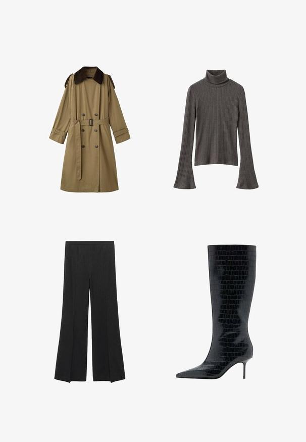 Khaki trenchcoat med en mørkebrun fløjelskrave, dobbeltradede knapper og et matchende bælte. Har skulderepauleter og lange ærmer.; Mørkegrå ribstrikket rullekravebluse med lange, flagrende ærmer og en semi-tætsiddende pasform, lavet af blødt, elastisk stof.; Sorte brede bukser med diskrete lodrette striber og elastisk talje, præsenteret fladt på en hvid baggrund.; Sort knæhøj stiletstøvle med spids tå, blank krokodilletekstur og slank silhuet. Har en tynd, høj hæl.