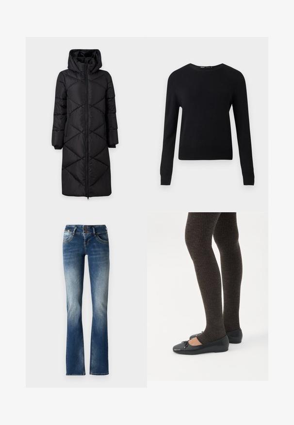 Sort polstret lang frakke med hætte, der har skrå syninger, to sidelommer med lynlås og ribbede manchetter. Glat, vandafvisende stof.; Sort langærmet rundhalset sweater med ribstrikkede manchetter og kant, vist mod en ensartet lysegrå baggrund.; Blå denim flared jeans med en let falmet vask, to-knaps lukning og dekorativ broderi på forlommerne.; Ben iført mørke ribbede leggings kombineret med sorte balletsko med små sløjfedetaljer på hvid baggrund.
