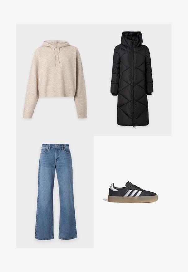 Abrigo largo acolchado negro con capucha, con costuras diagonales, dos bolsillos laterales con cremallera y puños acanalados. Tejido liso y resistente al agua.; Sudadera corta de punto beige con capucha, mangas largas y cordones, mostrada sobre un fondo liso y claro.; Vaqueros de pierna ancha en azul claro, confeccionados en denim, con cintura alta, presillas para cinturón y cierre de botones. Los detalles incluyen costuras y acabados en el dobladillo.; Zapatilla deportiva de cuero negro con tres rayas plateadas, punta texturizada y suela de goma. Cuenta con un collar acolchado y un diseño con cordones.
