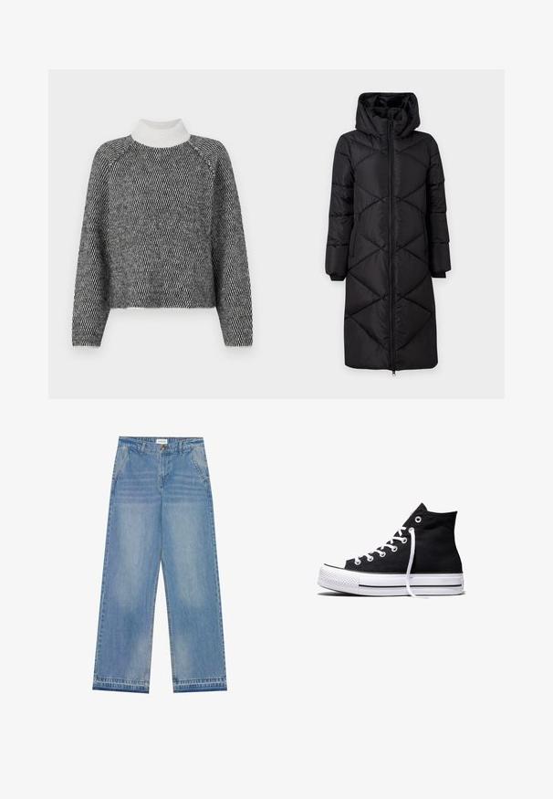 Manteau long noir rembourré avec une capuche, présentant des coutures diagonales, deux poches zippées sur les côtés et des poignets côtelés. Tissu lisse et résistant à l'eau.; Vero Moda VMFELIZE HIGH NECK PULLOVER - Pullover - birch/black; Jean large taille haute bleu clair avec fermeture à bouton, poches avant, passants de ceinture et détails légèrement décolorés.; Baskets montantes en toile noire avec semelle en caoutchouc blanche et lacets blancs, vues de côté sur un fond blanc.