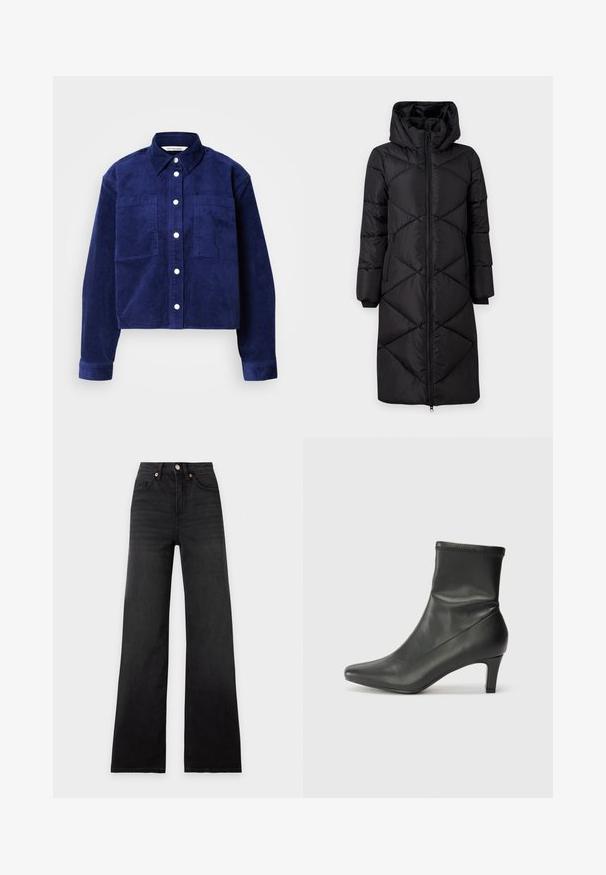 Manteau long noir rembourré avec une capuche, présentant des coutures diagonales, deux poches zippées sur les côtés et des poignets côtelés. Tissu lisse et résistant à l'eau.; Veste en velours côtelé bleu marine avec deux poches avant, fermeture à boutons à l'avant, col et manches longues avec poignets à boutons.; Jean noir taille haute à jambes larges avec bouton devant, fermeture éclair et style cinq poches sur un fond clair et plat.; Bottine noire en cuir avec un bout pointu et un talon de 6 cm. La tige a une texture lisse avec un design ajusté et des coutures discrètes.