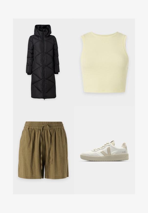 Manteau long noir rembourré avec une capuche, présentant des coutures diagonales, deux poches zippées sur les côtés et des poignets côtelés. Tissu lisse et résistant à l'eau.; Crop top côtelé jaune clair avec un col rond, sans manches, et une coupe ajustée. Texture lisse avec un tissu en maille respirant.; Shorts pull-on verts olive en tissu léger, dotés d'une taille élastique et d'un cordon de serrage, avec une coupe décontractée et ample.; Baskets blanches avec des accents beiges, tige texturée, bout rond et couture ton sur ton. Dispose d'une semelle rembourrée et d'un logo en 'V' sur le côté.