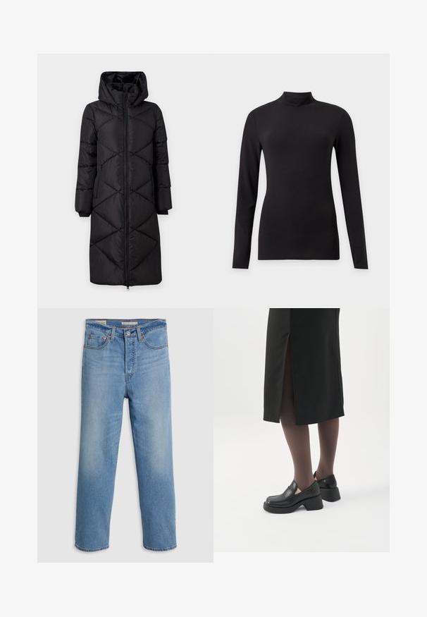 Manteau long noir rembourré avec une capuche, présentant des coutures diagonales, deux poches zippées sur les côtés et des poignets côtelés. Tissu lisse et résistant à l'eau.; Haut noir ajusté à manches longues avec col montant, présenté sur un fond gris clair uni.; Jeans en denim bleu clair à jambes droites avec poches avant, passants de ceinture et fermeture à bouton sur fond uni.; Femme portant des mocassins noirs à talons épais, des collants noirs transparents et une jupe noire fendue à l'arrière sur fond blanc.