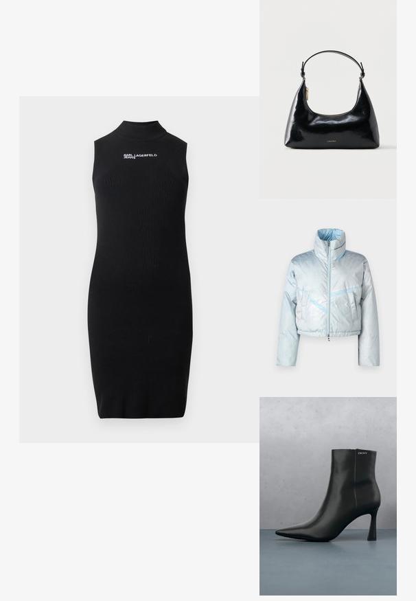 Lysblå cropped pufferjakke med høj krave, lynlås, to forlommer og kontrasterende blå syninger. Glat tekstur.; Sort ærmeløs ribstrikket kjole med høj hals og hvidt "Karl Lagerfeld Jeans" logo på brystet.; Sort læder ankelstøvle med spids tå og geometrisk hæl. Har subtil branding og en glat overflade. Baggrunden består af strukturerede fliser.; Sort blank Calvin Klein håndtaske med gyldent lynlås og kort rem mod en ensfarvet hvid baggrund.