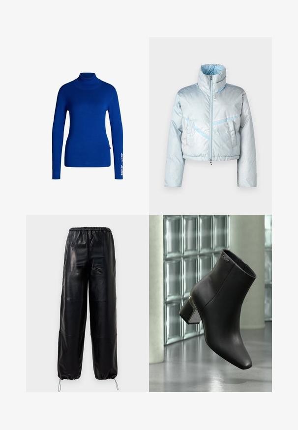 Lichtblauwe cropped pufferjack met een hoge kraag, ritsluiting, twee voorzakken en contrasterende blauwe stikdetails. Glad textuur.; Blauwe coltrui van zacht, rekbaar materiaal. Beschikt over lange mouwen en de tekst "JOOP! JEANS" in het wit gedrukt op de rechtermouw.; Zwarte faux leren wide-leg broeken met elastische tailleband en verstelbare trekkingkoord bij de enkels, met subtiele gestikte details.; Zwarte leren enkellaars met blokhak, DKNY-logo nabij de bovenkant, getoond tegen een glazen blokmuur en gepolijste betonvloer.