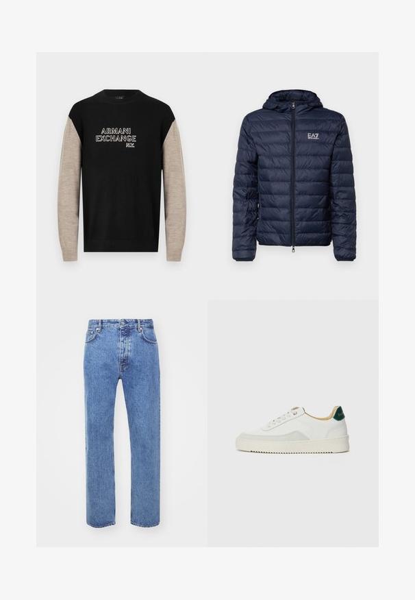 Marineblå pufferjakke med hætte, der har vandret quiltede sektioner, frontlynlås og EA7-branding på venstre brystområde.; Sort og beige sweater med lange ærmer, der har en rund halsudskæring og "ARMANI EXCHANGE N.Y." logo i kontrasterende hvid syning.; Won Hundred STEVE - Jeans Relaxed Fit - cut blue; Hvide sneakers med ruskindsdetaljer, rund tå, flade snørebånd og en cremet gummisål. Har grøn branding på hælen.