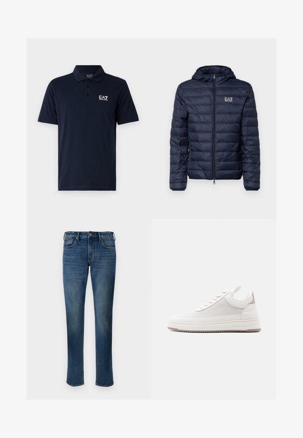 Chaqueta acolchada navy con capucha, con secciones acolchadas horizontales, cremallera frontal y logotipo de EA7 en el área del pecho izquierdo.; Polo de color azul marino fabricado en algodón, con cuello, mangas cortas y un logo blanco de EA7 en el lado izquierdo del pecho. Diseño de corte clásico.; Jeans de mezclilla en un lavado azul medio. Presentan un diseño de pierna recta, estilo de cinco bolsillos, cremallera frontal y acentos de costura de contraste.; Zapatilla blanca de perfil bajo con panel lateral texturizado, cuello acolchado, cierre delantero con cordones y marca "Filling Pieces" en el borde de la suela.