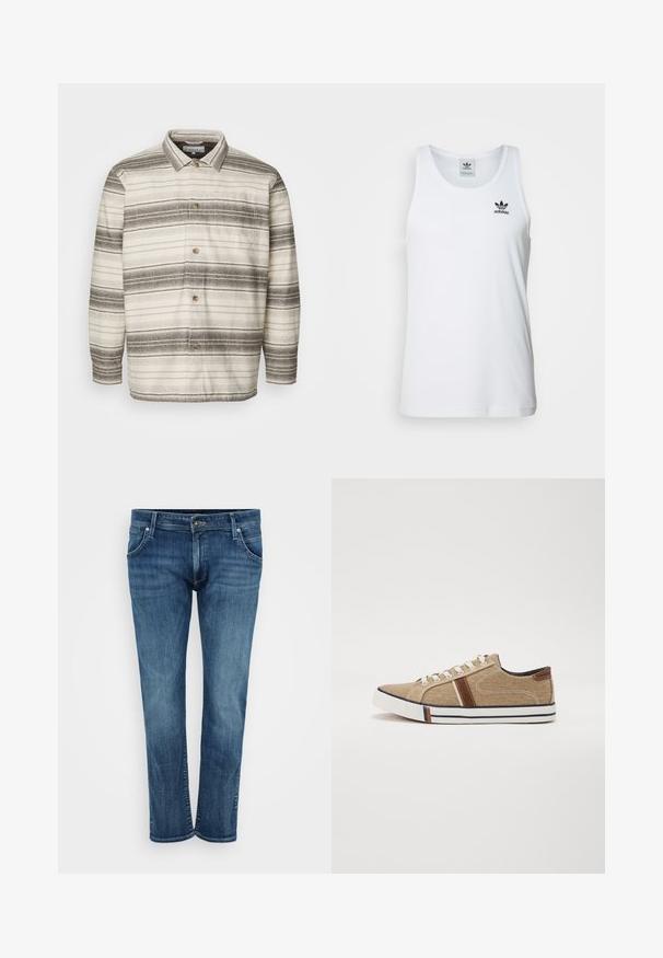 Camisa de botones con base crema y rayas horizontales marrón oscuro, con cuello, mangas largas y un bolsillo en el pecho.; Top sin mangas blanco con canalé y escote redondo, logo negro de Adidas en el lado izquierdo del pecho. Material de algodón suave, corte casual.; Jeans de denim azul con un diseño de pierna recta, que cuentan con bolsillos frontales, cremallera y un ligero desgaste. Estilo clásico con un acabado de lavado medio.; Zapatillas de lona beige con detalles en cuero marrón, suela de goma blanca y una franja contrastante en la punta. Cordonera plana y textura suave.