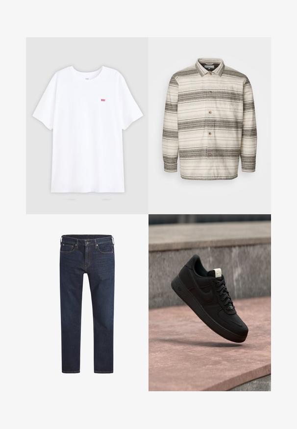 Skjorte med knapper i cremefarvet bund med mørkebrune vandrette striber, med krave, lange ærmer og en brystlomme.; Hvid bomulds t-shirt med korte ærmer og rund halsudskæring. Har et lille rødt Levi's logo på venstre bryst. Flad design, uden mønstre.; Mørkeblå denim jeans med lige ben, fem-lomme design og metalknaplukning. Har kontrasterende syning overalt.; Sort Nike Air Force 1 sneaker, der svæver over en lyserød betonforkant med en grå stenet baggrund, som viser sidde- og topdetaljer.