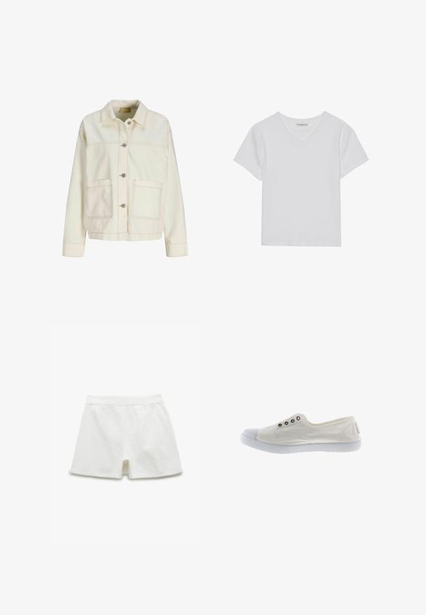 Off-white skjortejakke med lange ærmer, krave, to forlommelommer og synlige syningsdetaljer.; Hvid kortærmet V-hals t-shirt lavet af ribbet stof. Har et rent design med en lige kant og minimal detaljer.; Hvide bomuldsshort med en tætsiddende pasform, der har lynlås i front, to forlommer og en glat tekstur. Syning langs kanterne.; Hvide lavtopcanvas sneakers med gummisåler og -tåhætte, med fire metaløjer på siden, vist i højre profil.