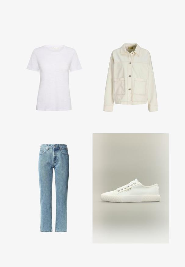 Chaqueta abotonada color crema con mangas largas, cuello, dos bolsillos frontales de parche y detalles de costuras visibles.; Camiseta blanca de manga corta hecha de un tejido suave y ligero. Presenta un escote redondeado y una textura suave con un ligero brillo.; Jeans de mezclilla azul claro con corte recto, cintura media, cinco bolsillos y un desgaste sutil. Cierre funcional con botón de metal y cremallera.; Zapatilla blanca de lona de corte bajo con suela de goma texturizada, cordones blancos y pequeña etiqueta de Calvin Klein en el lateral.