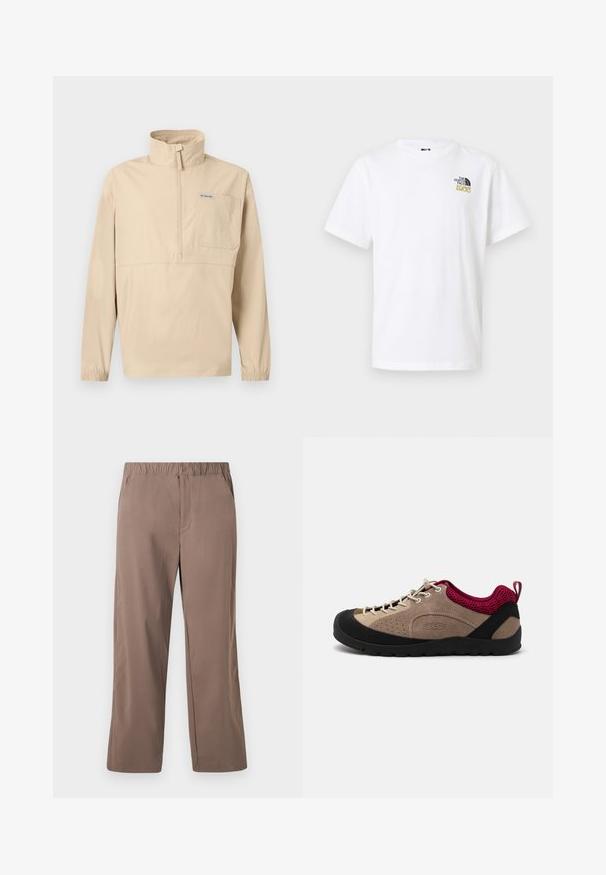 Beige langærmet pullover med halvlukning, høj krave, brystlomme med Columbia-logo og elastiske manchetter.; Hvid T-shirt med korte ærmer og rund hals, med lille sort og guld The North Face 1966-logo på øverste venstre bryst.; Løse, lige ben brune bukser med elastisk talje og knaplukning, forlommer og glat stoftekstur.; Sko med overdel i beige ruskind, sort gummisål, lyserøde mesh-detaljer og grå snørebånd. Har perforeringer for åndbarhed og et håndtag til at trække i.