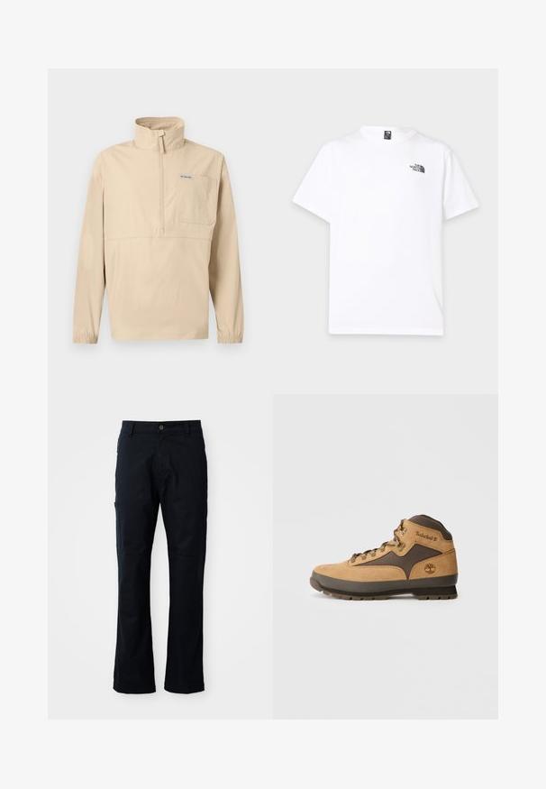 Beiger Langarm-Pullover mit halbem Reißverschluss, hohem Kragen, Brusttasche mit Columbia-Logo und elastischen Bündchen.; Weißes kurzärmeliges T-Shirt mit rundem Ausschnitt und kleinem schwarzen The North Face-Logo auf der oberen linken Brust.; Dunkelblaue Hosen aus Baumwollmischung, mit geradem Schnitt, seitlichem Reißverschlussfach und subtilen Nähdetails.; Braune Wildleder-Wanderstiefel mit dunkelbraunen Akzenten, Metallösen und rutschfester Sohle. Timberland-Logo auf der Seite geprägt. Mid-Top-Design.