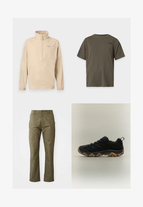 Jersey beige de manga larga con medio cierre, cuello alto, bolsillo en el pecho con el logo de Columbia y puños elásticos.; Camiseta de manga corta color verde oliva lisa con un pequeño logo negro de The North Face en la parte superior izquierda del pecho.; Pantalones cargo color caqui fabricados en un duradero tejido de algodón, con bolsillos laterales, perneras rectas y cierre de cremallera con botón.; Zapato de senderismo negro con suela Vibram marrón texturizada y lengüeta de tirón en el talón, mostrado de perfil sobre un fondo neutro.