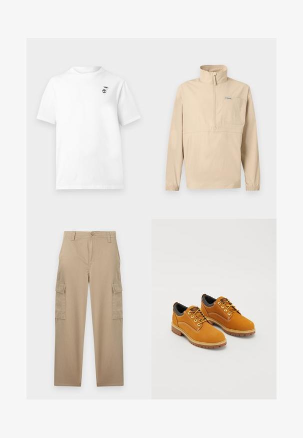 Pull-over beige à manches longues avec demi-fermeture éclair, col montant, poche poitrine avec logo Columbia, et poignets élastiques.; T-shirt blanc à manches courtes avec col rond et petit motif noir d'une crevette au-dessus d'une plante sur le côté gauche de la poitrine.; Pantalon cargo beige à jambes droites avec fermeture à boutons, passants pour ceinture, poches avant et poches à rabat sur les deux cuisses.; Chaussures en daim marron avec un bout rond, des lacets jaunes, un col rembourré noir et des semelles en caoutchouc avec des rainures de traction.