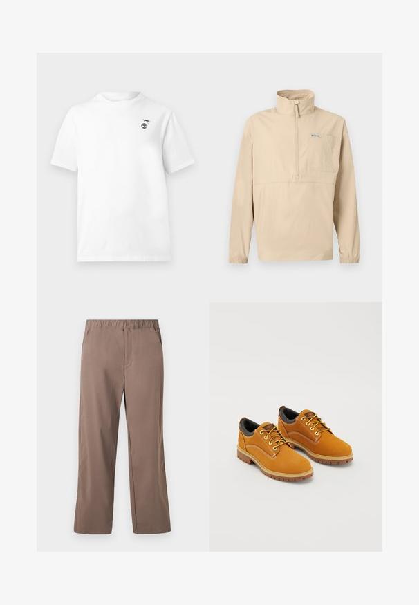 Pull-over beige à manches longues avec demi-fermeture éclair, col montant, poche poitrine avec logo Columbia, et poignets élastiques.; T-shirt blanc à manches courtes avec col rond et petit motif noir d'une crevette au-dessus d'une plante sur le côté gauche de la poitrine.; Pantalon marron à jambes droites, coupe ample, avec ceinture élastique et fermeture par bouton, poches avant, et texture de tissu lisse.; Chaussures en daim marron avec un bout rond, des lacets jaunes, un col rembourré noir et des semelles en caoutchouc avec des rainures de traction.