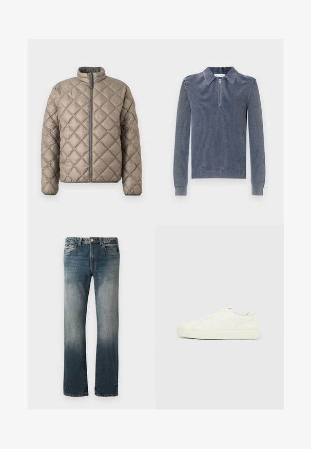 Chaqueta acolchada en beige claro, con cuello alto, cierre frontal de cremallera y patrón de diamantes texturizado en toda su superficie. Acentos grises en la cremallera.; Suéter de punto acanalado en azul marino oscuro con cuello de solapa y cierre de media cremallera. Mangas largas y puños ajustados detallan el diseño.; Jeans de mezclilla azul de corte recto para hombre con lavado desgastado y diseño de cinco bolsillos sobre un fondo blanco.; Zapatilla blanca de corte bajo con cordones en la parte delantera, empeine de cuero liso y suela gruesa de goma, vista desde el lado exterior sobre un fondo liso.
