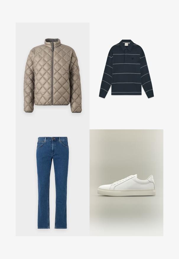 Quilted-Jacke in hellem Beige mit hohem Kragen, durchgehendem Reißverschluss und strukturiertem Rautenmuster. Graue Akzente am Reißverschluss.; Marineblaues Poloshirt mit langen Ärmeln, weißen horizontalen Streifen und einem kleinen bestickten Logo auf der linken Brust.; Blaue Straight-Leg-Denim-Jeans mit vorderer Knopf- und Reißverschluss, Gürtelschlaufen und Fünf-Taschen-Design auf weißem Hintergrund.; Weißer Sneaker mit niedrigem Schaft, vorn mit Schnürung und dicker Sohle, aus der Seitenansicht vor neutralem Hintergrund.