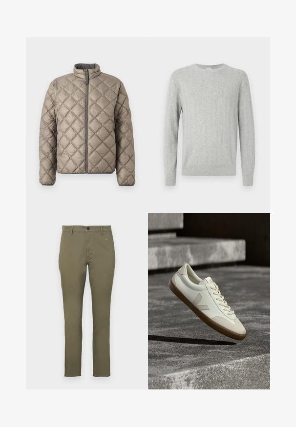 Veste matelassée en beige clair, avec un col montant, une fermeture éclair à l'avant et un motif en diamants texturé sur l'ensemble. Accents gris sur la fermeture éclair.; Pull tricoté gris clair avec texture côtelée, col ras du cou et manches longues. Design simple, avec ourlet droit et matériau durable.; Chinos kaki coupe slim pour homme avec passants de ceinture, fermeture à boutons devant et poches latérales, présentés sur un fond clair uni.; Baskets en cuir blanc avec semelle en caoutchouc beige, lacets plats et accent en forme de V sur le côté. Présentent une surface lisse et peu de détails de couture.