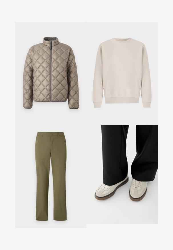Veste matelassée en beige clair, avec un col montant, une fermeture éclair à l'avant et un motif en diamants texturé sur l'ensemble. Accents gris sur la fermeture éclair.; Sweatshirt beige à col rond en coton doux, avec une coupe décontractée, des poignets et un ourlet côtelés, sans motifs ni éléments métalliques visibles.; Pantalon kaki à jambes droites avec passants de ceinture, fermeture à bouton sur le devant, sans poches visibles, présenté sur un fond blanc.; Pieds portant des baskets beige avec des semelles marron et un pantalon noir à jambes larges sur fond blanc.